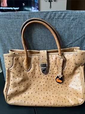Dooney & Bourke Tan Ostrich-Embossed Satchel with Turn-Lock